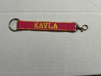 Kayla Embroidered Name Strap Key Rings Keychains with Clasp pink and yellow