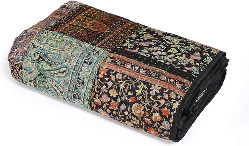 Indian Patchwork Handmade kantha Vintage Quilt Throw Silk Bedspread Blanket Boho - Picture 3 of 6