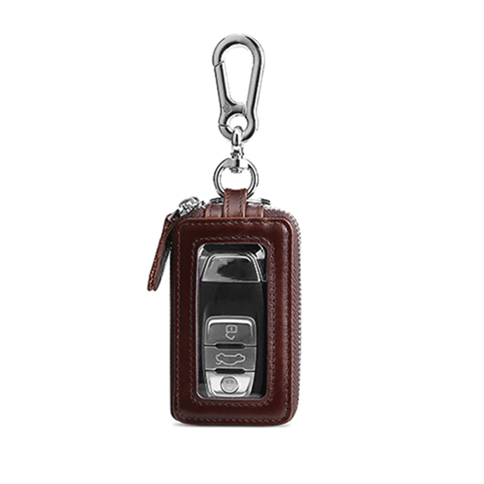 Genuine Leather Car Key Holder Case with Dual Zipper Pouch Keychain Bag