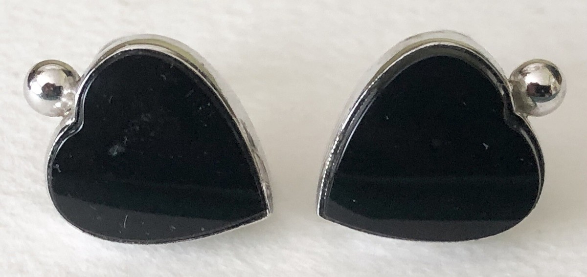Vintage 1950s Sterling Silver Black Onyx Heart Shaped Screw