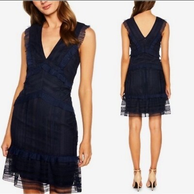 Bardot 10/L Navy Blue Kristen V-Neck Sleeveless Ruffle Lace Sheath Dress  NWT | eBay