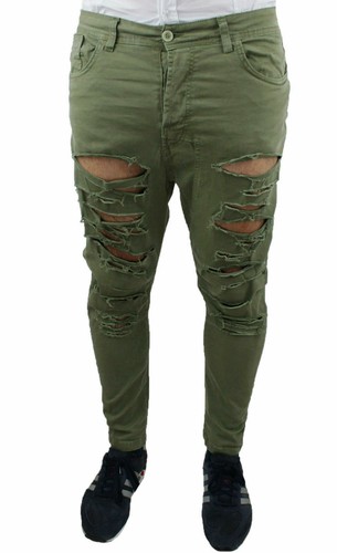 PANTALONI JEANS UOMO SLIM FIT VERDE MILITARE COTONE STRAPPATO 42 44 46 48  50 52 | eBay