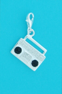 Genuine 925 Solid Sterling Silver Radio Clip On Charm W/ Black & White Crystals