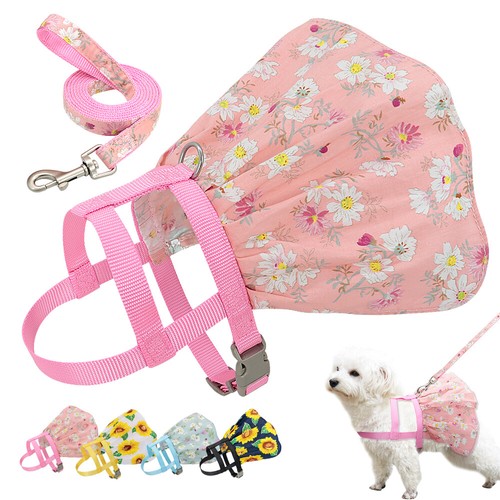 Cute Small Dog Harness Leash set Adjustable Floral Printed Puppy Dress