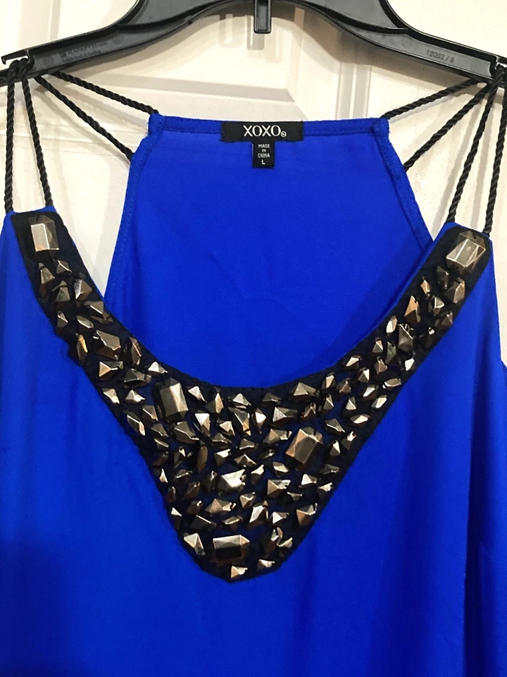XOXO Women's Beaded V-Neck Top Deep Blue Strappy Retro GLam Blouse  Sz L - Image 2 of 4