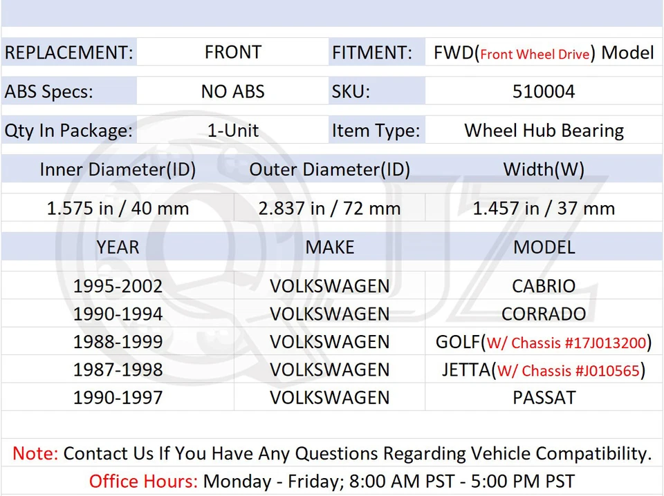 [FRONT(Qty.1)] 510004 Wheel Bearing For 1990-1997 Volkswagen Passat GLX TDI FWD — 第 2/4 张图片