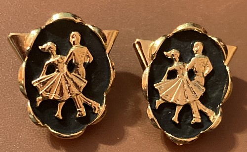Vintage Collar Tips Goldtone Square Dancing Couple Matte Black Back Square Dance