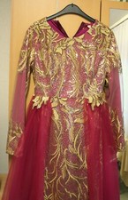 Abendkleid Kleid Lang 40 Fuschia fuşya pink gold tesettür elbise mit Tüll 