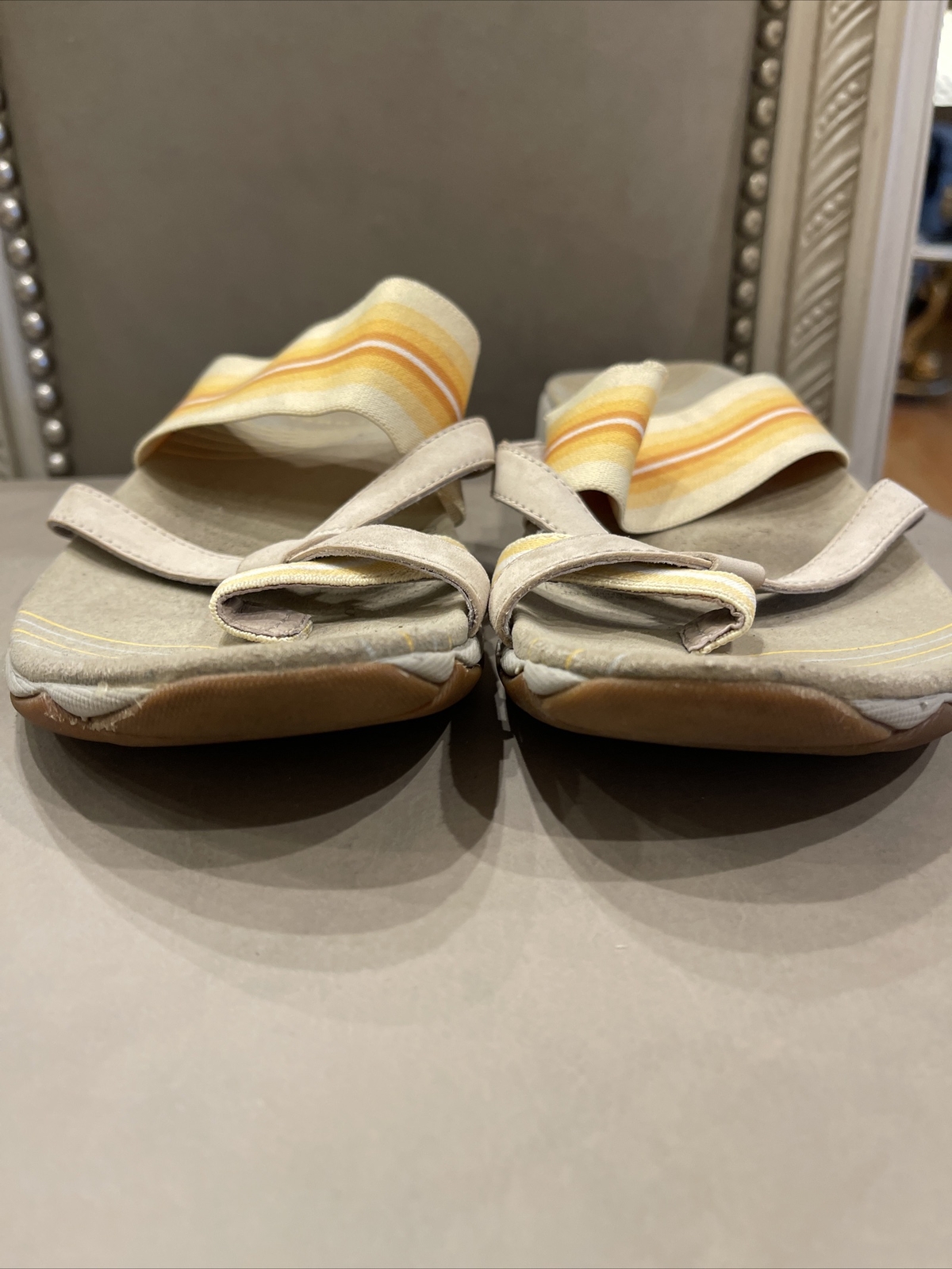 Sandali donna Merrell taglia 7 zinnia fodera argento lino giallo grigio cinturino