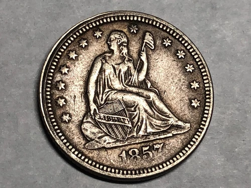 1857 SEATED LIBERTY silver U.S. quarter dollar. XF. #rd1