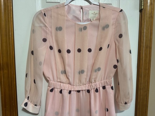 Kate Spade Pink with Black Polka Dot Silk Lined Chiffon Dress - Size 0 - Picture 5 of 9