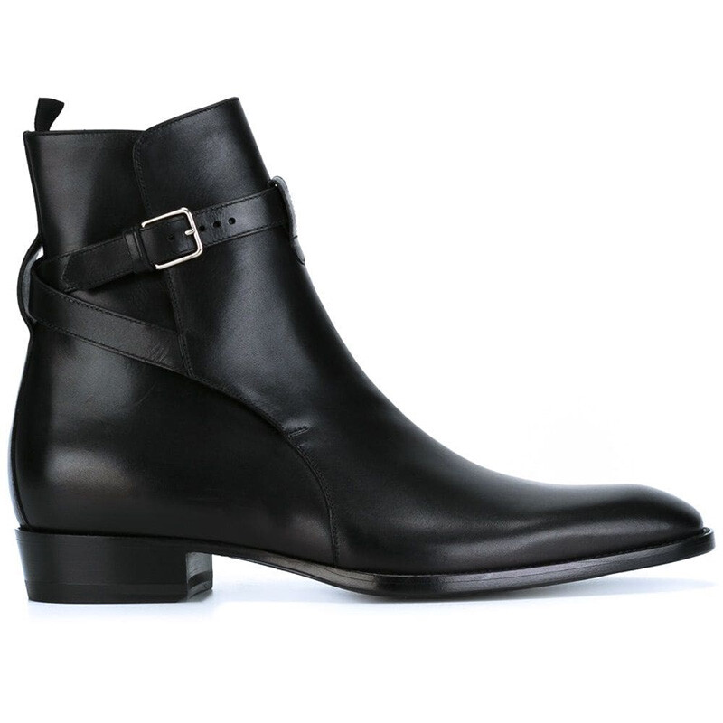 Buckle Mens Pointed Toe Chelsea Ankle Boots Shoes Real Leather Mid