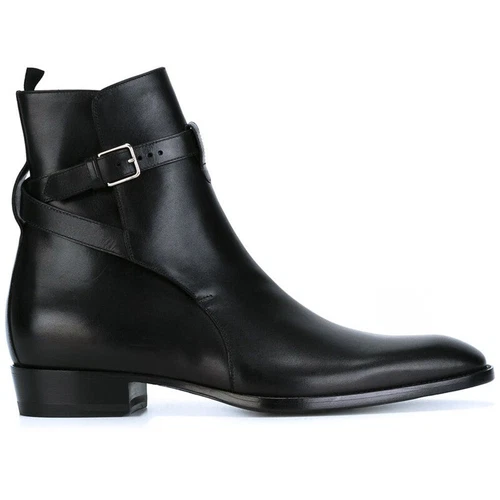 Buckle Mens Pointed Toe Chelsea Ankle Boots Motor Shoes Real Leather Mid Heel - Picture 12 of 14