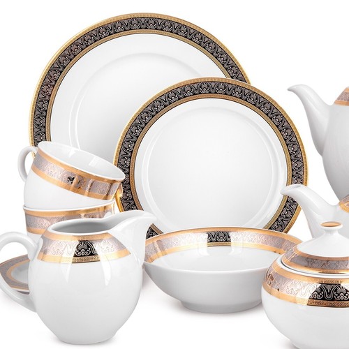 4-pc Greek Wave Euro Porcelain DESSERT PLATES Czech Luxury Dinnerware Black Gold - Picture 9 of 13
