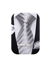  Men's Silk Necktie Solid Plain Tie and Pocket Square Cufflink Set 04 Silver