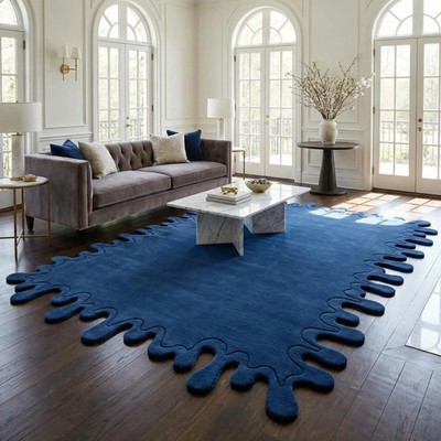 Modern Blue Abstract Area Rug Unique Irregular Edge Carpet Luxury Living Room