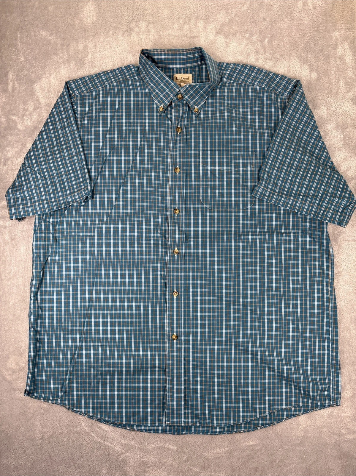 LL Bean Vintage Men's Blue Check Button Short Sleeve Shirt Size X Large (5677)