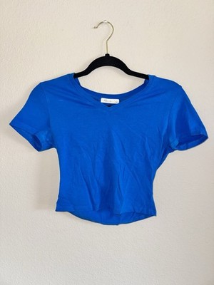 Active USA Women's Blue Cotton Stretch Cropped Short Sleeve V-Neck Tee L