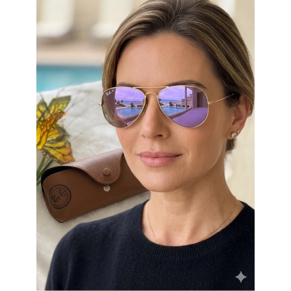 Ray-Ban Gold Frame Aviator Sunglasses with Purple Mirrored 