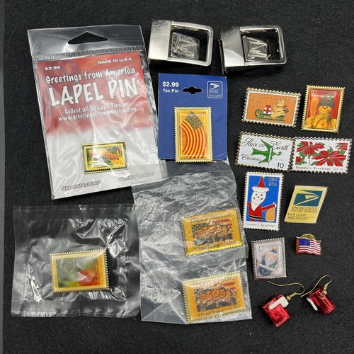 Huge Vintage Lot of USPS Post Office Pins Stamps Employee Belt Buckles Earrings