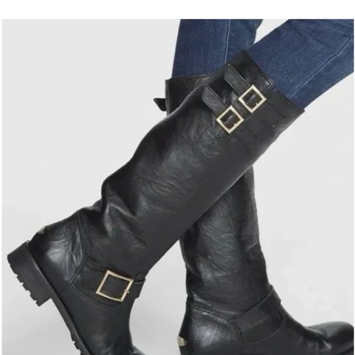 Jimmy Choo Boots Size 37.5 (6.5) Black Leather Biker Fur Lined - Picture 2 of 15