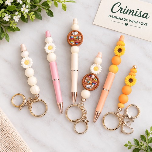 Handmade Sunflower Beaded Pen & Keyring Set 3 Pens+3 Keyrings Gift Yellow/White