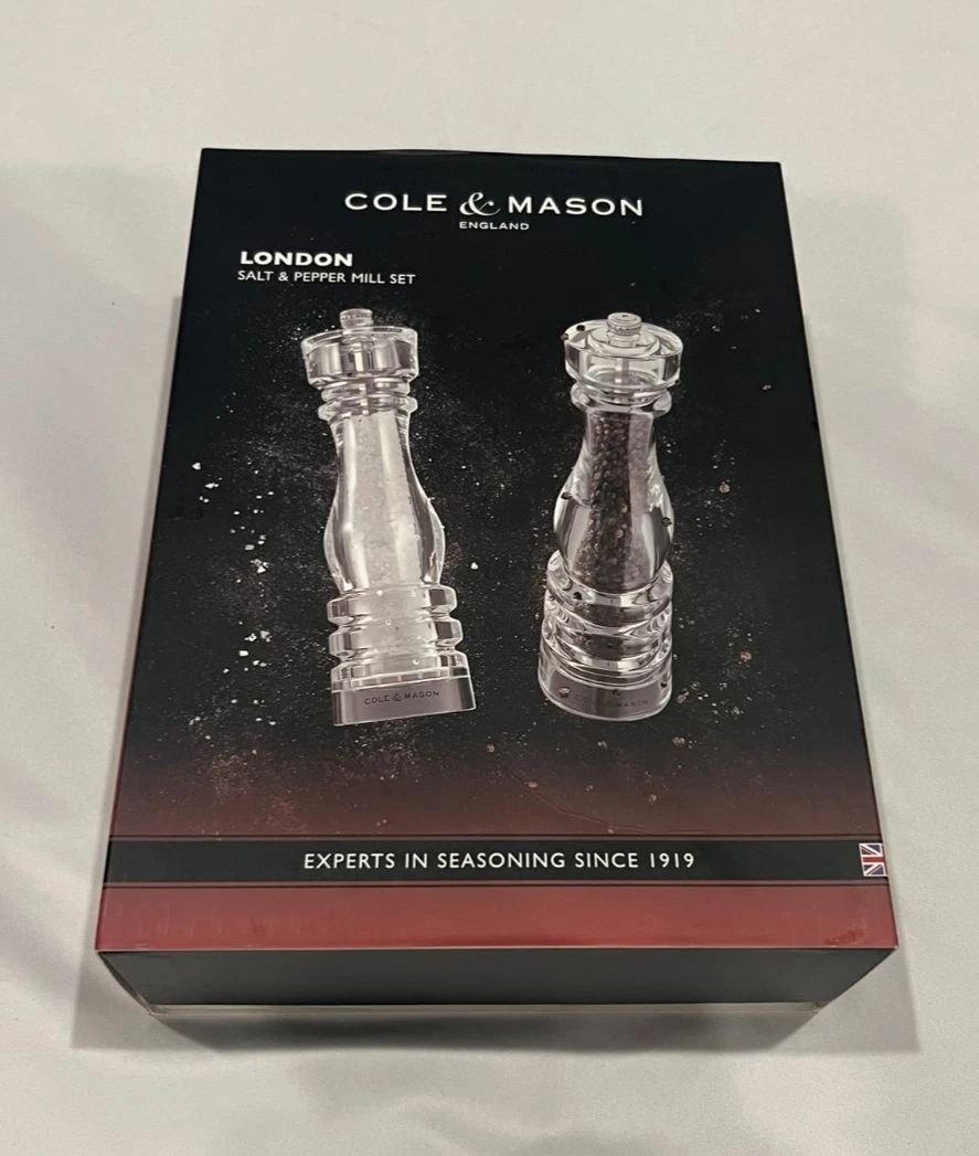 Cole & Mason London Clear Acrylic Salt Pepper Grinders 8" Mill Set New Open Box