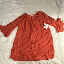 Indigo Rose Shift Dress S Red Crochet Ruffle 3/4 Sleeve Short Lightweight