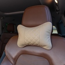 Set Of 2 Quilted Faux Leather Car Headrest Pillow Tan Base Beige Thread Set Of 2 Quilted Faux Leather Car Headrest Pillow Tan Base Beige Thread