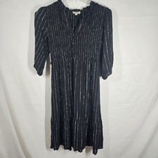 Umgee USA Black Metallic Stripe Dress Womens Medium Puff Sleeve Boho Peasant