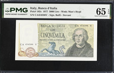 PMG RARE Italy 5000 Lire 1977 P-102c GEM Uncirculated 65 EPQ