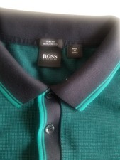 Hugo Boss Teal Slim Fit Polo Shirt With Striped Collar  Cuffs Size XL 100 Cot