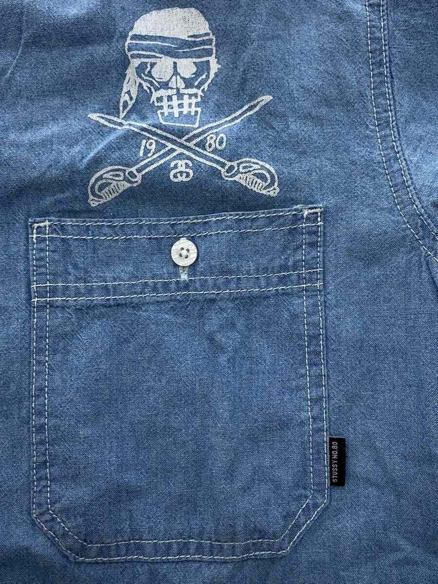 STUSSY Chambray Shirt with Skull Print, Long Sleeve, Medium, Cotton, IDG, Solid  thumbnail 6