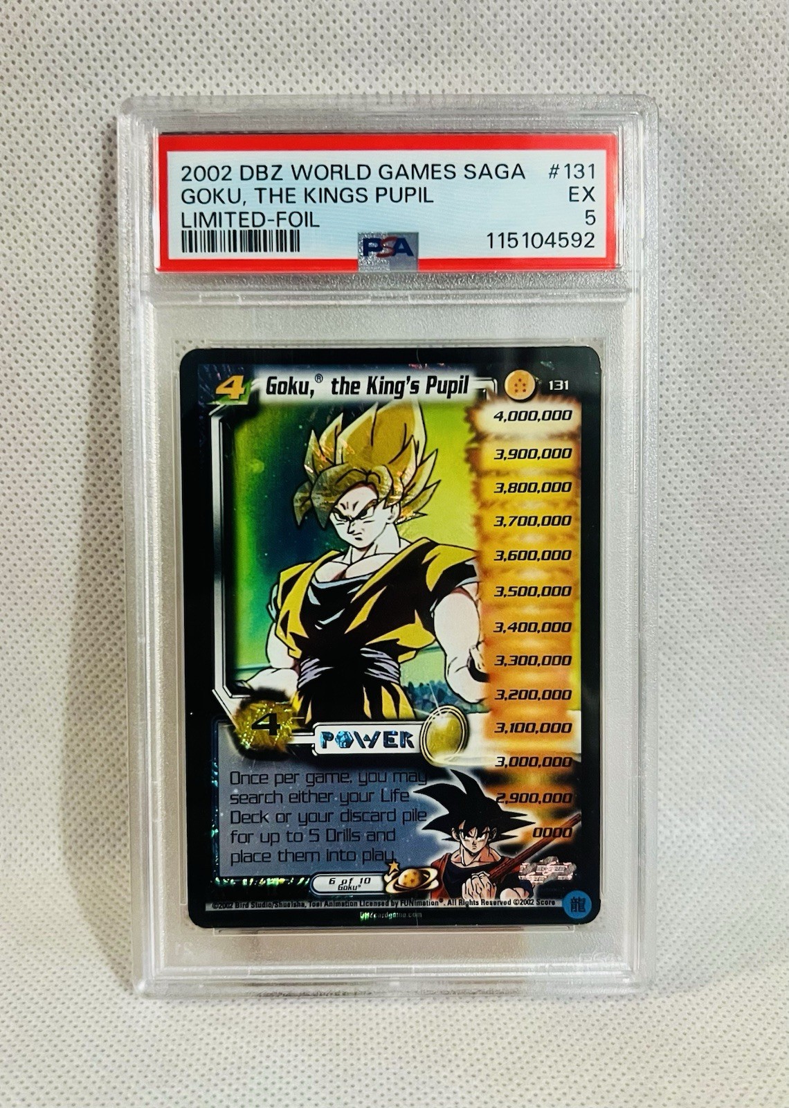 2002 DBZ World Games Saga Goku, The Kings Pupil Unlimited Foil #131 PSA 5