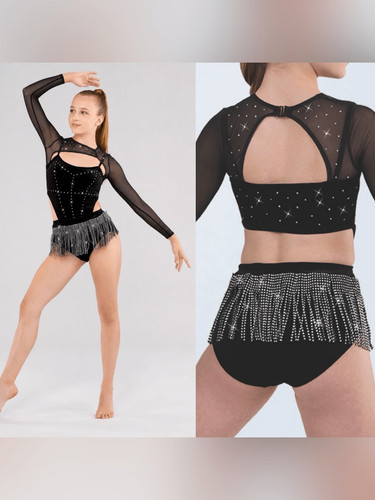 Weissman dance costume black velvet crystal fringe Shut it down 16761 MA adult