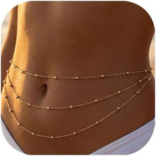 2Pcs 14K Gold Plated Waist Chain for Women, Layered Belly Chains Belt Adjustable