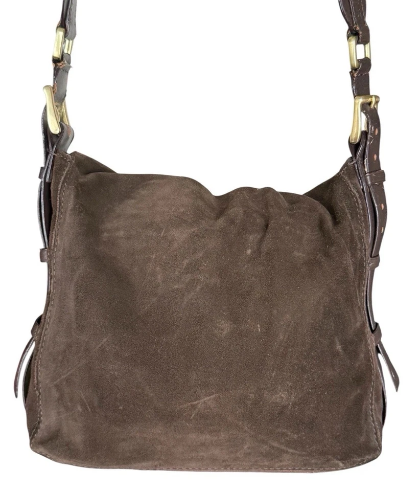 Vintage DKNY Brown Suede Brass Front Flap Adjustable Strap Shoulder Bag - Image 2 of 4