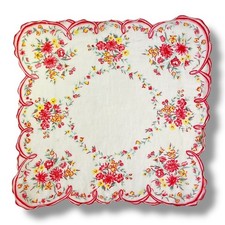 Vintage Handkerchief Red Floral Scalloped Edge Valentine's Day