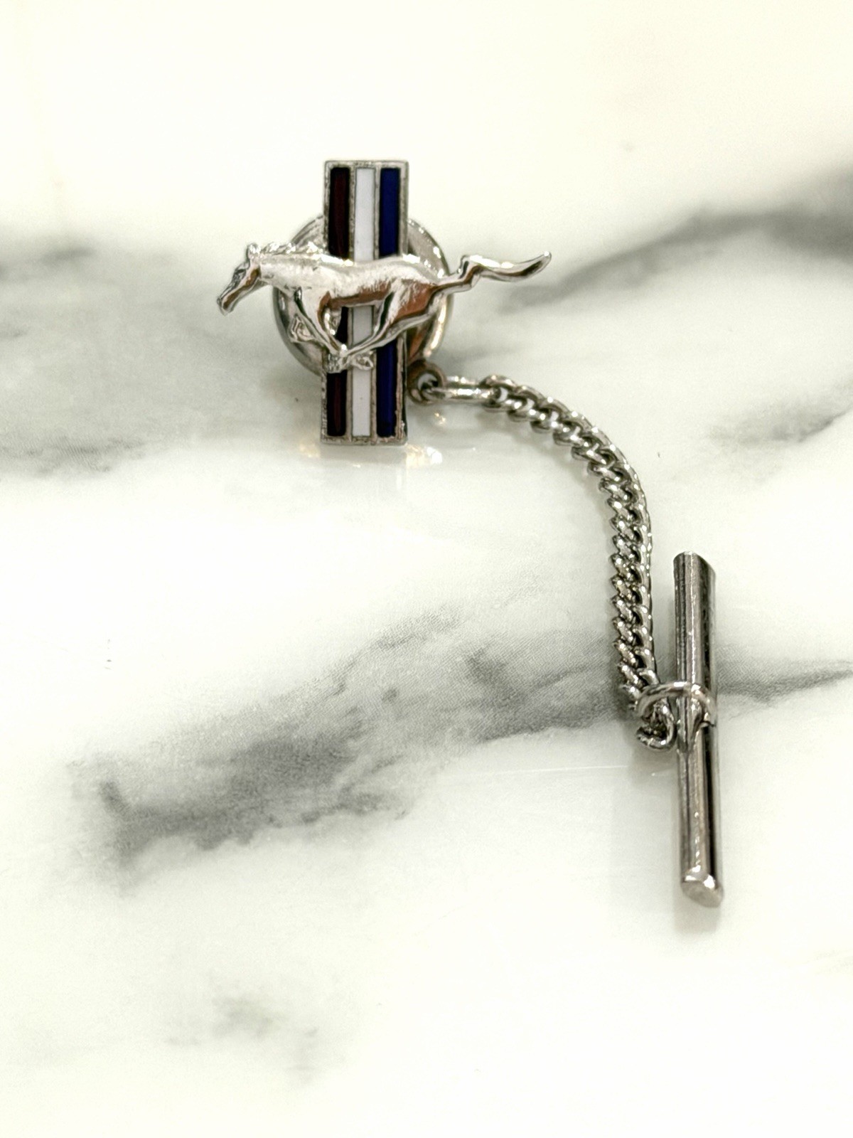 Ford Mustang Tie Tack Lapel Pin Running Horse Silver Tone Chain Bar Back 