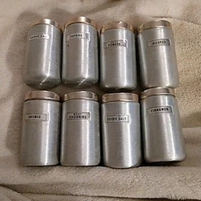 Vintage MCM Kromex Aluminum Spice Set 8 Jars Storage Organizer Garlic Nutmeg