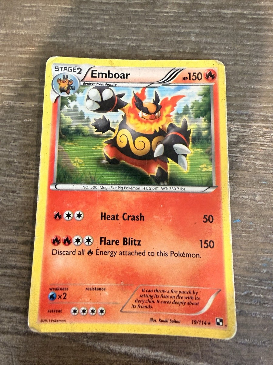 heavily played pokemon card Pokemon Black & White Base Set Holo Rare Emboar #19