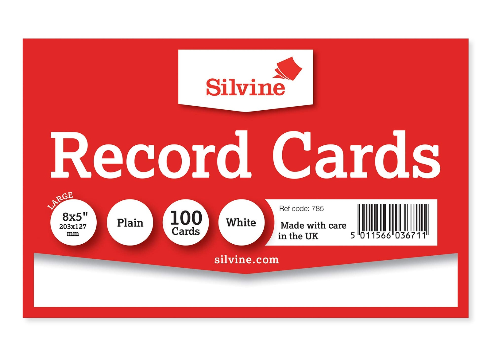 Silvine 8x5" White Record Cards - Plain, 100 cards per pack. Ref 785 (203 x 127m