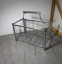 Vintage Chrome Metal Faux Bamboo Magazine Rack Mid Century Modern Asian
