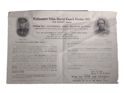 1919 Ratswahl Flyer Stimme für Captain A Eve und Bombe E W Stokes - Hoe St