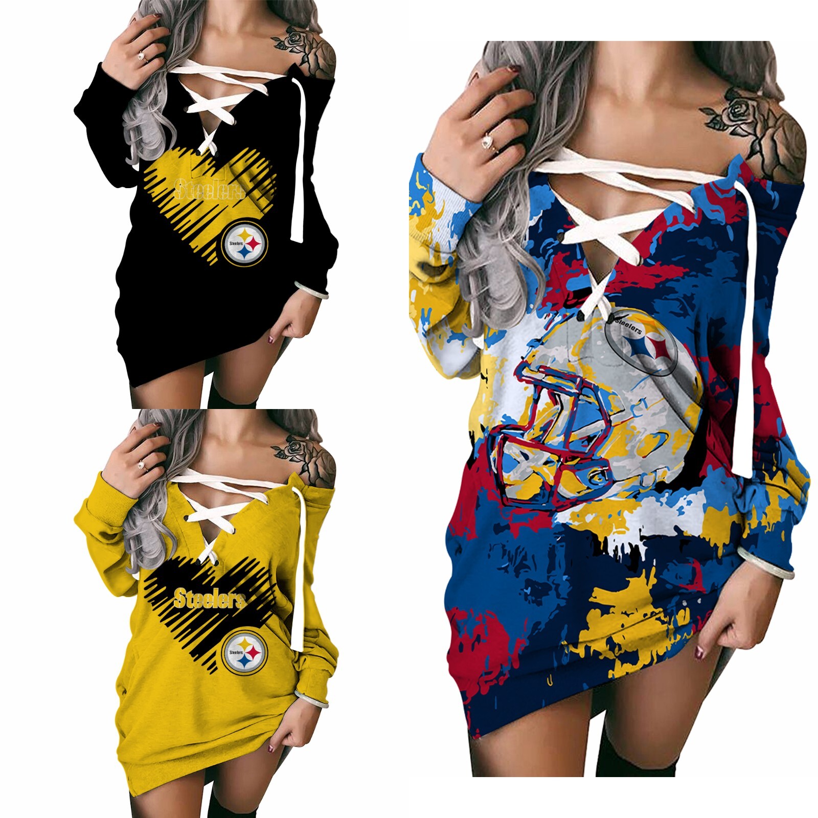 Pittsburgh Steelers Hoodie Dress Lace Up Sweatshirt Off Shoulder Blouse  Outwear | eBay