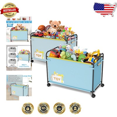 Cute Blue Toy Box with Lockable Wheels - Multifunctional Storage for Children
