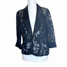 ALEX EVENINGS Black Organza Jacket Satin Lapel 3/4 Sleeve Rhinestone Clasp PM