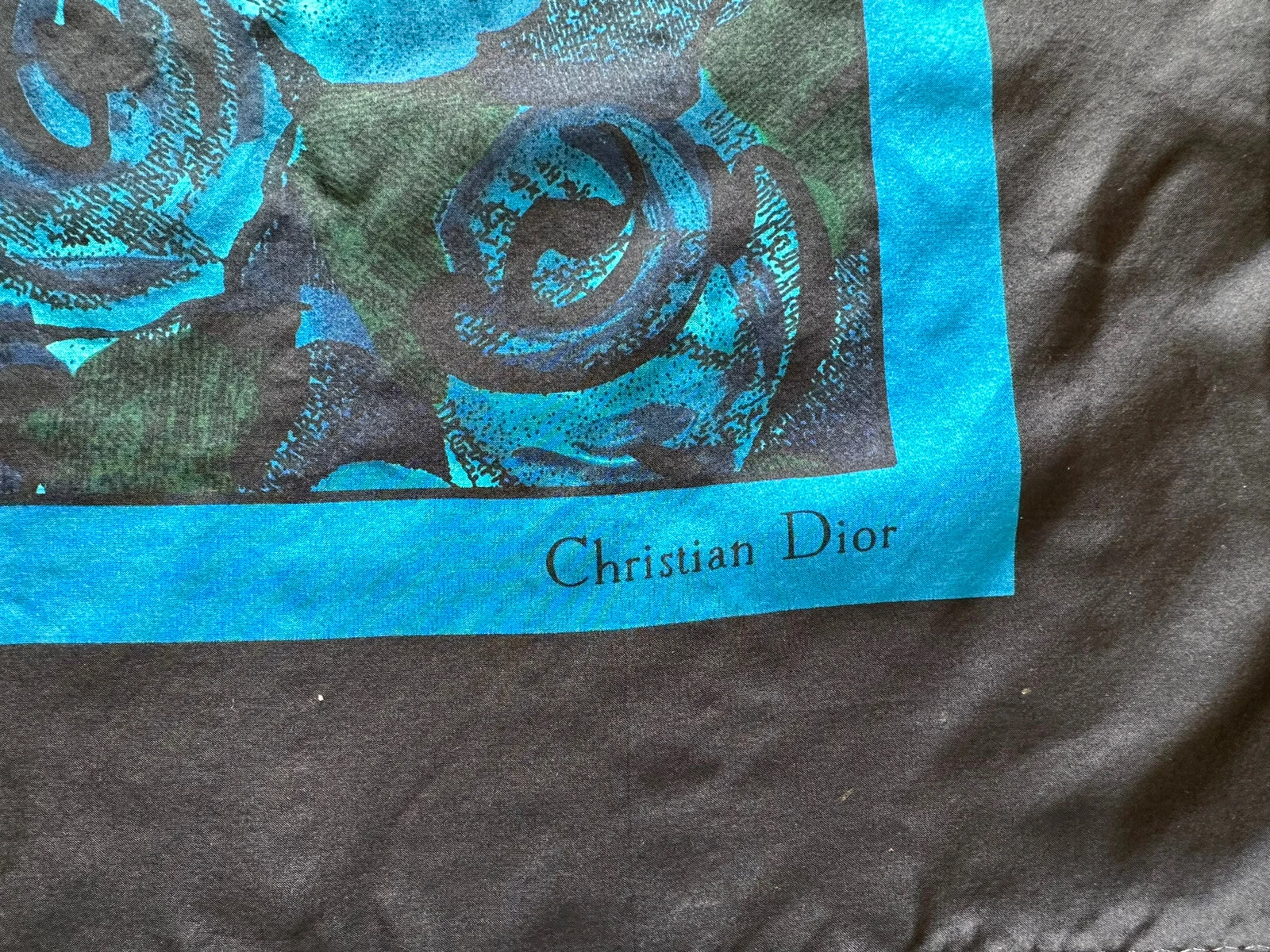 Christian Dior Fleurs Rare Foulard 100% Soie Bleu/Noir Vintage 31x31