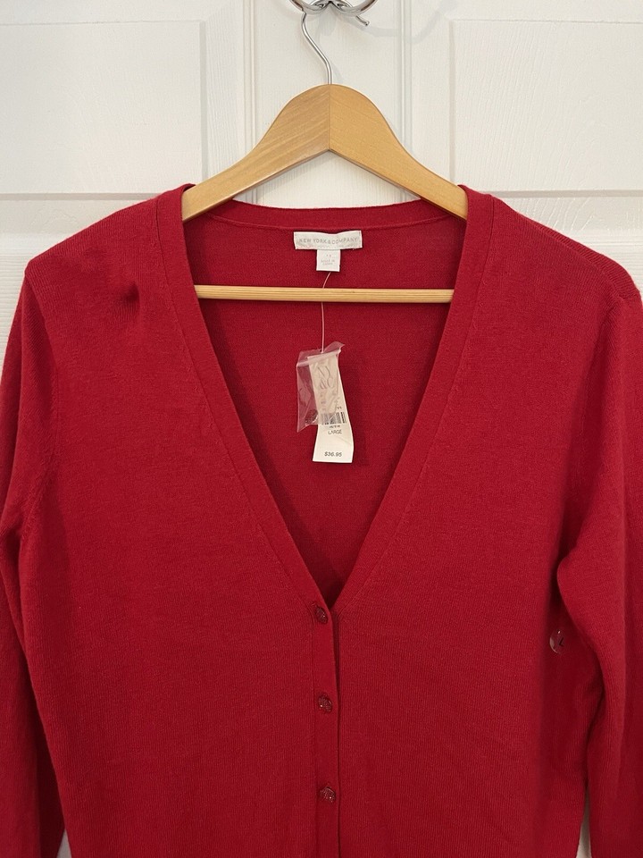 New York & Company New Red Classic Vneck Cardigan Womens L Jewel Tone