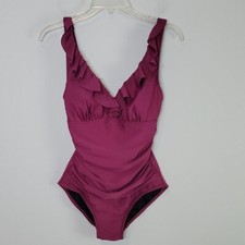 DKNY Ruffle Plunge Ruffle burgundy red One Piece Swimsuit size 8